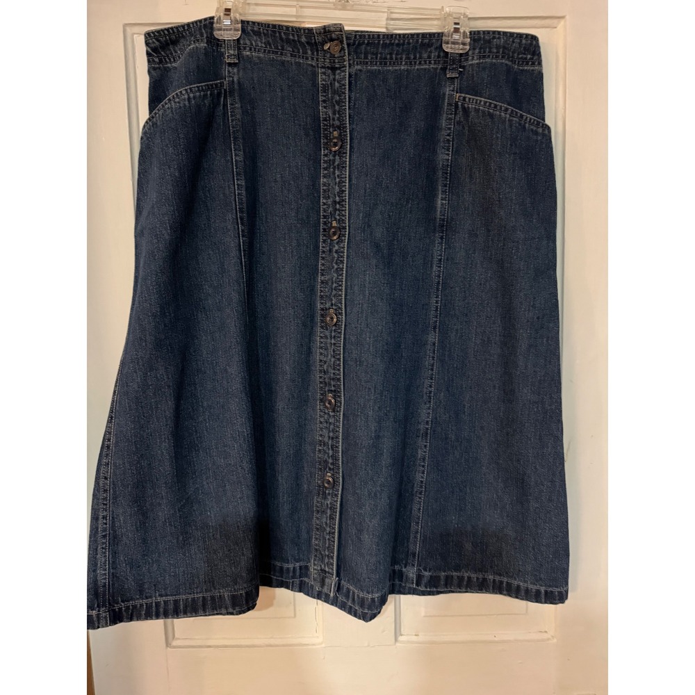 Kim Rogers Denim Midi Skirt Size 16 Blue Button Front A-Line Cotton Pocketed